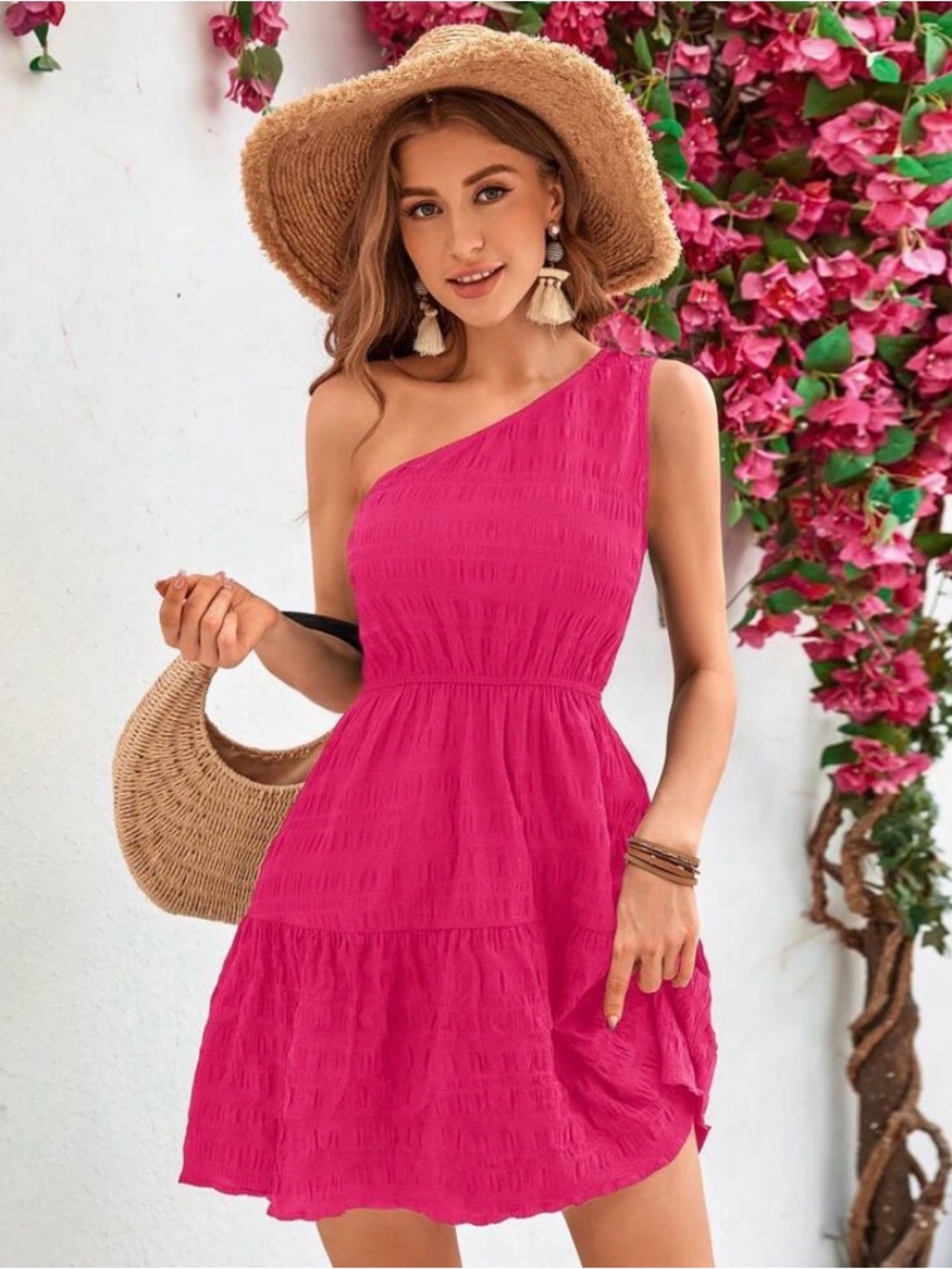 SHEIN One-Shoulder Fuchsia Mini Dress